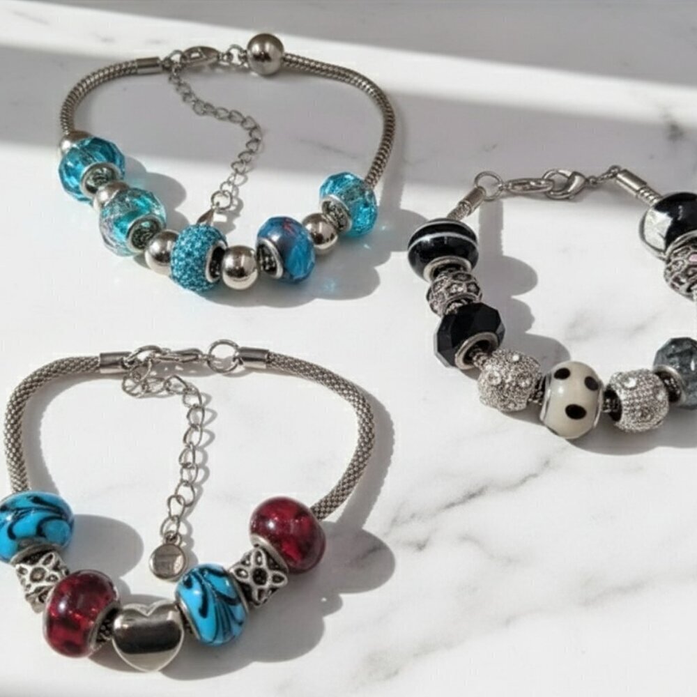 Womens Multi Color Beaded Charm Bracelets Red, Turquoise, Black, 925 Silver - Picture 5 of 5